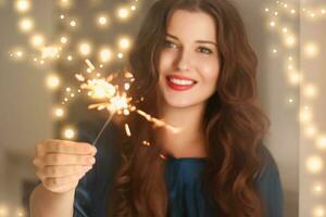 Holiday magic, Christmas and New Year celebration, happy woman with sparklers photo