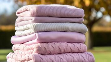 Laundry, housekeeping and homemaking, stack of clean and folded knitted clothes in the countryside, photo