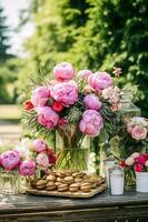 Dessert buffet with peony flowers, catering for wedding, party and holiday celebration, cakes and desserts in a countryside garden, generative ai photo