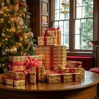 Christmas gifts, happy holidays and holiday celebration, wrapped gift boxes, presents and decorated Christmas tree, generative ai photo