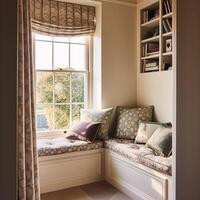 Window seat, interior design and comfort at home, reading nook with bookshelves and cushions, home decor in a country house, English cottage style, generative ai photo