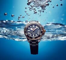 Waterproof luxury mens watch underwater in the ocean or sea commercial concept, bespoke water resistant design, generative ai photo