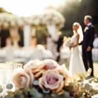 Wedding ceremony and celebration, bride and groom at a beautiful outdoor venue on a sunny day, luxury wedding decor with flowers and bridal bouquet, generative ai photo