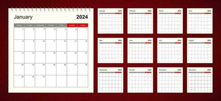 Wall calendar template for 2024 year. Holiday and event planner, week starts on Monday. vector