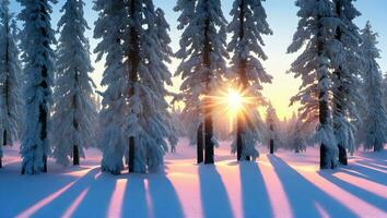 Amazing dawn landscape with a winter polar forest and bright sunlight photo