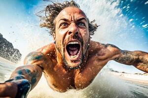 Man surfer in the water in motion, he is overwhelmed with emotions. Extreme sport. Go pro wide angle shot. photo