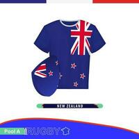 Rugby jersey of New Zealand national team with flag. vector