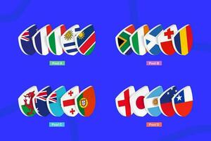 Rugby 2023 participants sorted by pool, vector collection. All teams flags in vector on blue background.