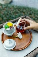 Snack,Crispy Jelly. Thai Traditional Dessert with apple juice photo