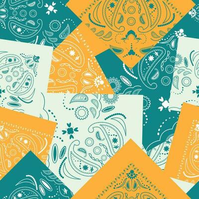 Green bandana kerchief paisley fabric patchwork abstract vector seamless pattern