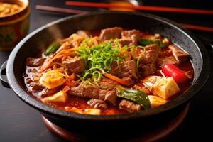 Sukiyaki japonés comida fotografía ai generado foto