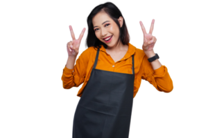 souriant asiatique femme avec deux doigt png