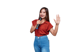 magnifique asiatique femme en chantant et en portant microphone png