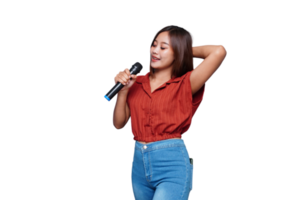 Beautiful Asian Woman Singing and Holding Microphone Eyes Closed png