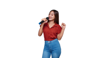 Beautiful Asian Woman Singing and Holding Microphone Eyes Closed png