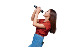 Beautiful Asian Woman Singing and Holding Microphone Eyes Closed png