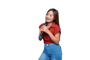 Beautiful Asian Woman Singing and Holding Microphone Eyes Closed png