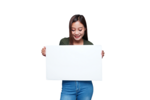 Beautiful Asian woman holding an empty board and smiling png