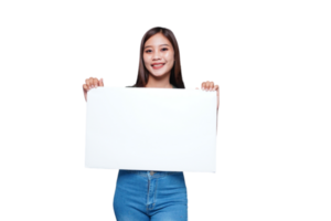 Beautiful Asian woman holding an empty board and smiling png