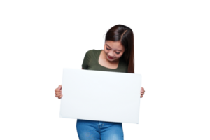Beautiful Asian woman holding an empty board and smiling png
