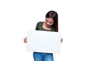 hermosa asiático mujer participación un vacío tablero y sonriente png