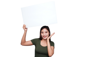 Beautiful Asian woman holding an empty board and smiling png