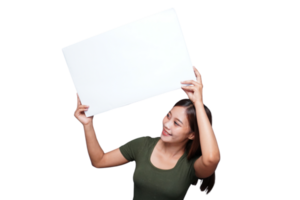 Beautiful Asian woman holding an empty board and smiling png