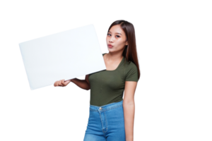 Beautiful Asian woman holding an empty board and smiling png