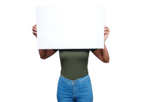 Beautiful Asian woman holding an empty board in front of the face png