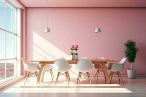 stock photo of modern wood pink dining room ultra AI Generated
