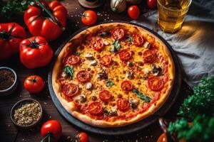 stock photo of pizza in kitchen table bird view