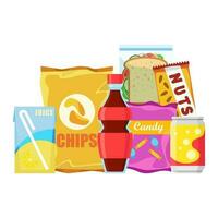 Snack product set, fast food snacks, drinks, nuts, chips, cracker, juice, sandwich isolated on white background. Unhealthy junk food. Flat illustration in vector. vector