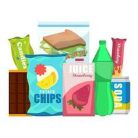 Snack product set, fast food snacks, drinks, nuts, chips, cracker, juice, sandwich isolated on white background. Unhealthy junk food. Flat illustration in vector. vector