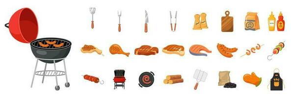 Cartoon bbq elements. Summer barbecue, burning grill picnic food roasted beef steak fish meat menu cooking chef grilling hamburger kebab sausage vegetable, vector illustration. Barbecue grill party.