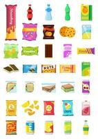 Snack product set, fast food snacks, drinks, nuts, chips, cracker, juice, sandwich isolated on white background. Unhealthy junk food. Flat illustration in vector. vector