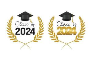 Class of 2024 graduation design template, Set graduation cap with laurel wreath in gold color vector