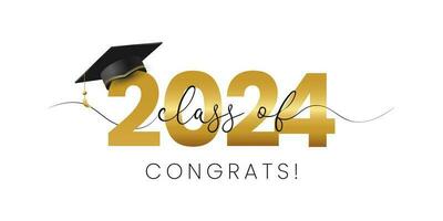 Class of 2024, modern word lettering script banner. Congrats Graduation lettering with academic cap. Template for design party high school or college, graduate invitations. vector