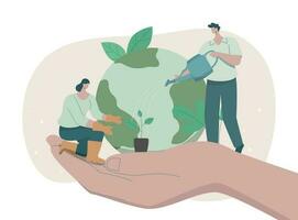 Eco friendly sustainable, Hand holding globe, Caring people planting trees and watering, climate change problem concepts. Vector design illustration.