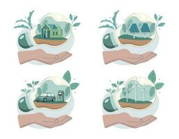 Eco friendly sustainable, Set of Hand holding light bulb with alternative energy, climate change problem concepts. Vector design illustration.
