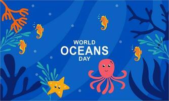 World ocean day cartoon illustration with underwater scenery dedicated vector