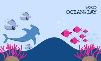 World ocean day cartoon illustration with underwater scenery dedicated vector