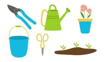 Collection of garden tools and plants gardening logo vector