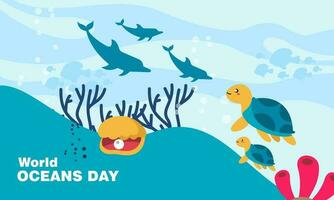 World ocean day cartoon illustration with underwater scenery dedicated vector