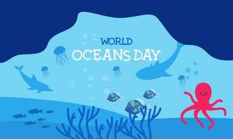 World ocean day cartoon illustration with underwater scenery dedicated vector