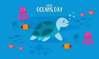 World ocean day cartoon illustration with underwater scenery dedicated vector