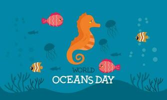 World ocean day cartoon illustration with underwater scenery dedicated vector