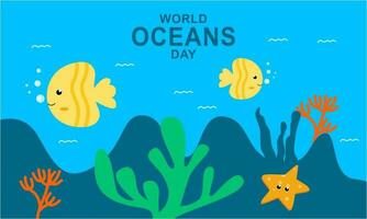 World ocean day cartoon illustration with underwater scenery dedicated vector