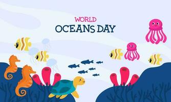World ocean day cartoon illustration with underwater scenery dedicated vector