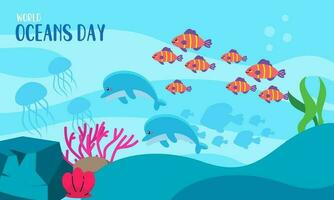 World ocean day cartoon illustration with underwater scenery dedicated vector