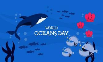 World ocean day cartoon illustration with underwater scenery dedicated vector